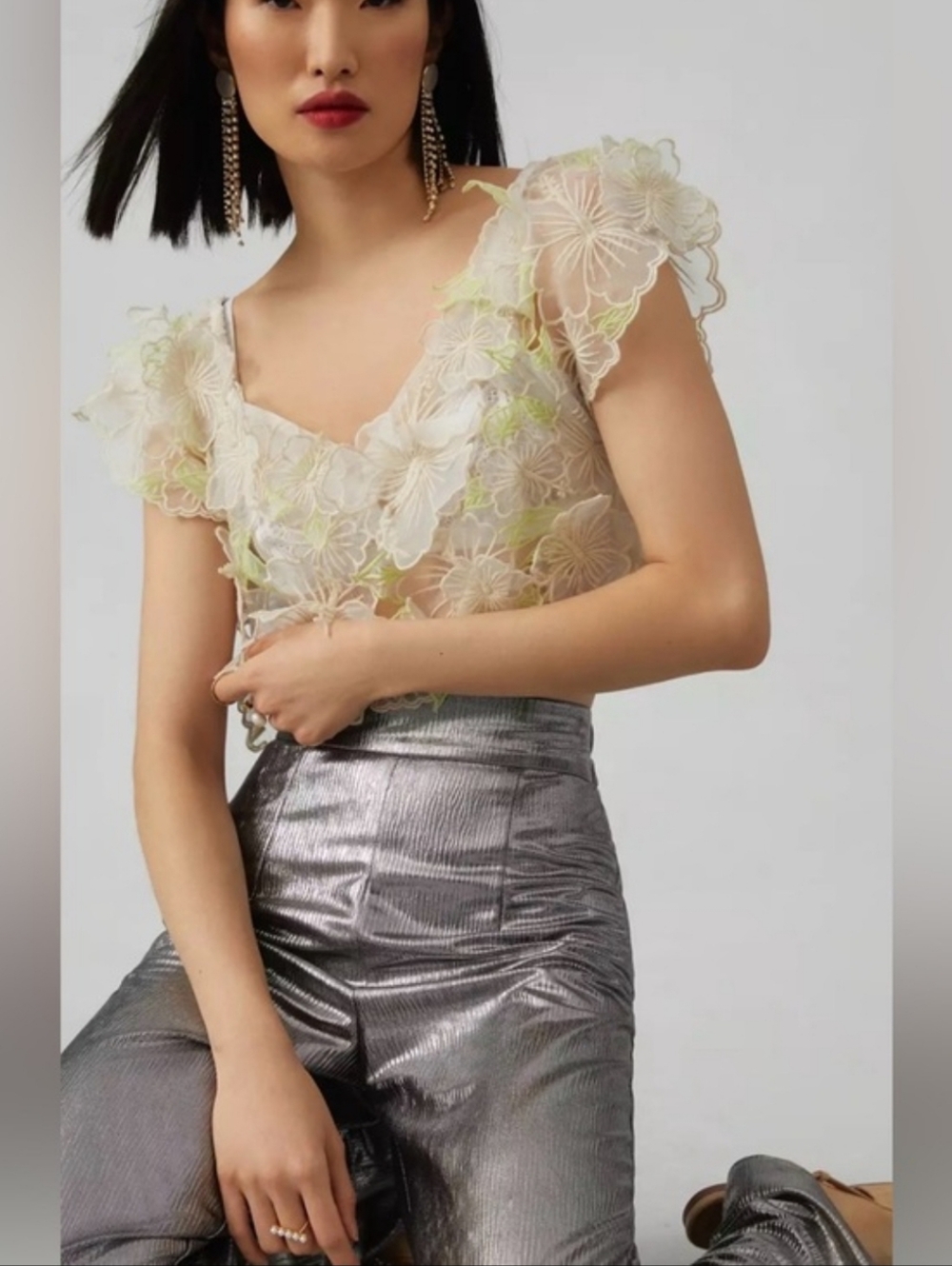 ANTHROPOLOGIE Cropped 3D Floral Appliqué Sheer Blouse Cream Green Medium NWT - Picture 4 of 7
